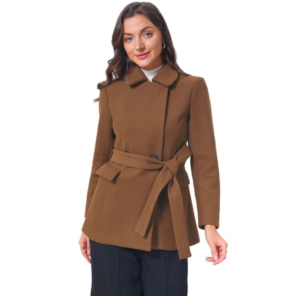 Women's Winter Short Pea Coat Peter Pan Collar Overcoat Jacket Brown